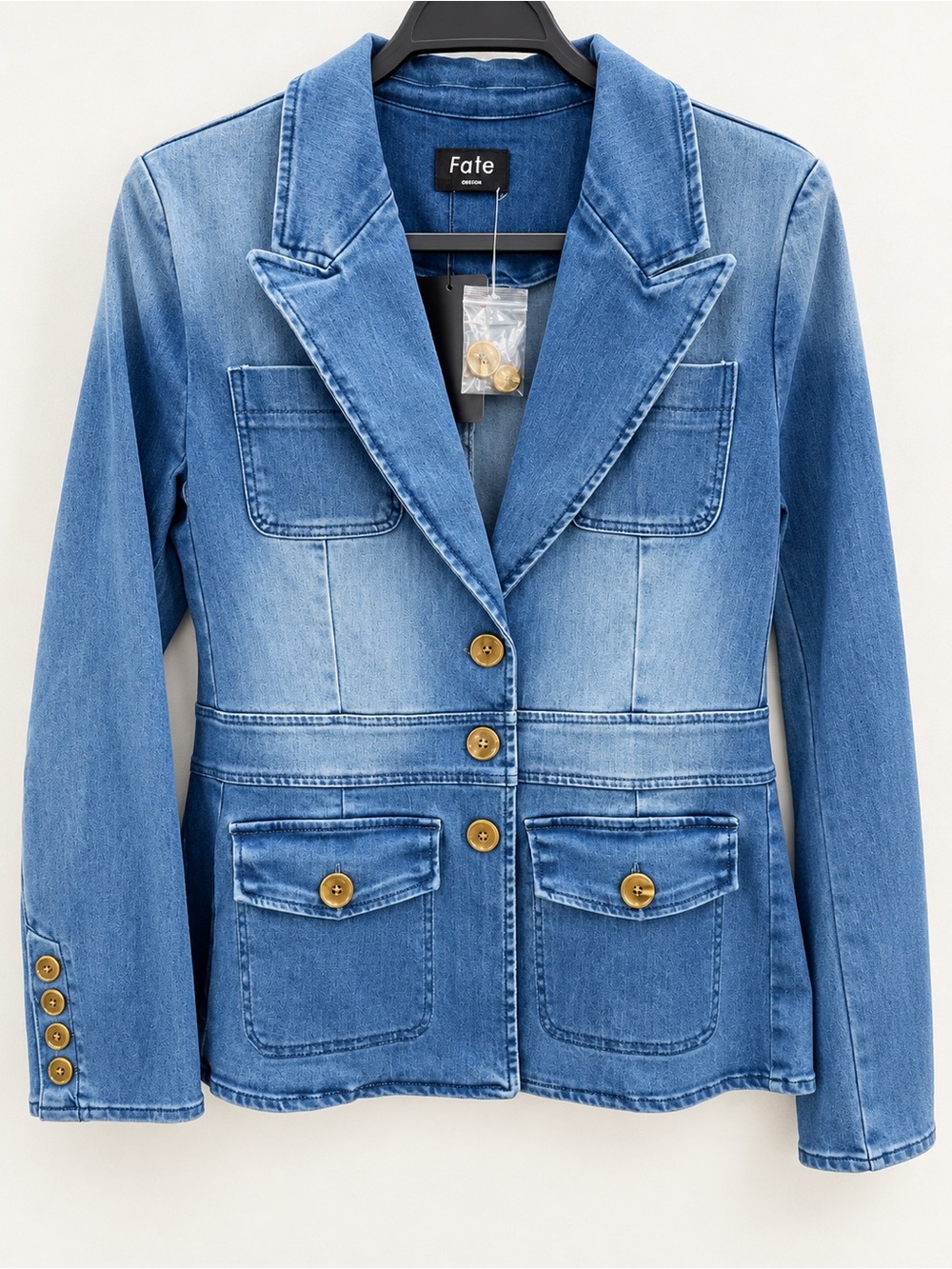 Fate Blue Denim Tailored Blazer with Gold Buttons